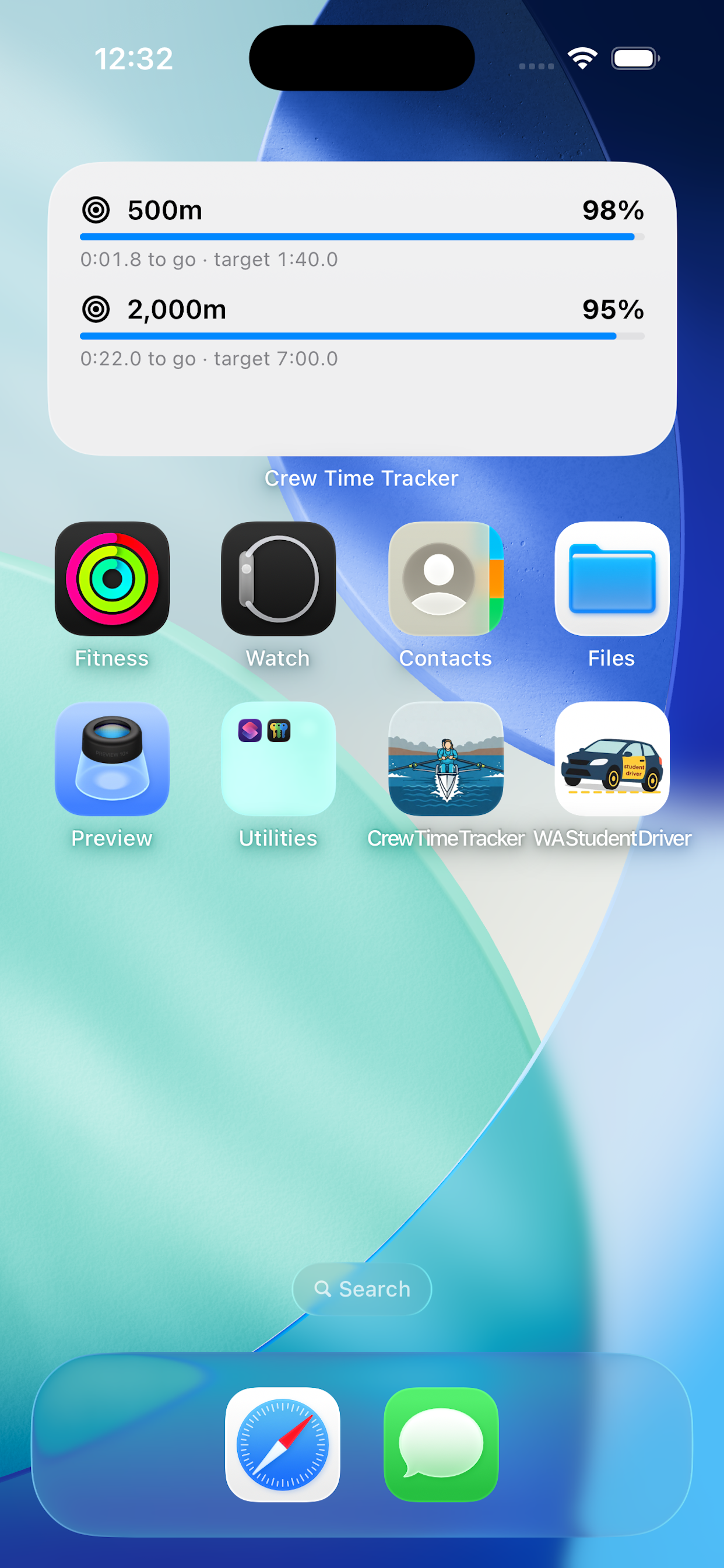 Home screen widgets showing latest session, current PR, and goal progress